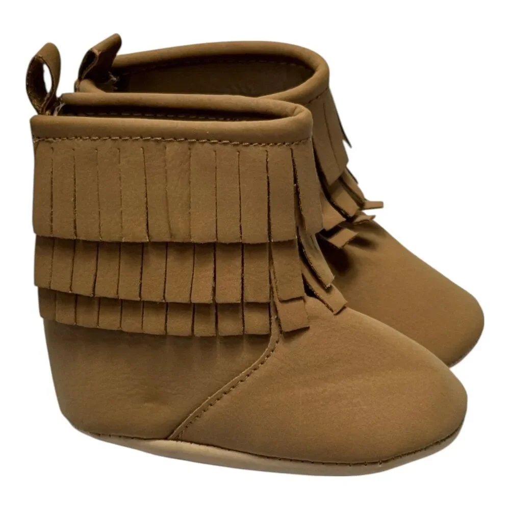 Old Navy Baby Moccasin Booties 3-6 Months Tan Brown Faux Suede Fringe NWT